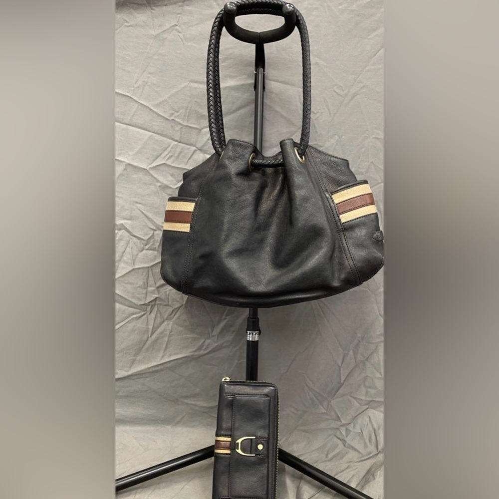 Cole Haan Hobo Bag Leather Braided Grommets Genevieve Denny Black Tan w/wallet - Picture 9 of 9